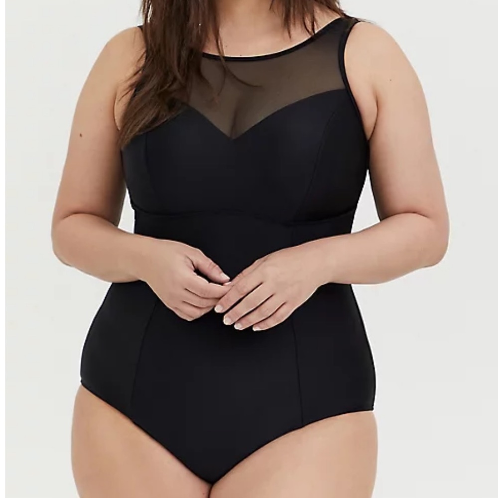 BLACK ILLUSION NECK WIRELESS ONE-PIECE SWIMSUIT